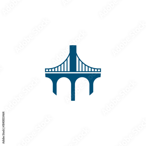 A stylized blue bridge icon combining suspension and arch bridge elements on a white background.