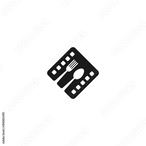 A creative logo combining a film strip in a diamond shape with a fork and spoon, symbolizing food and cinema.