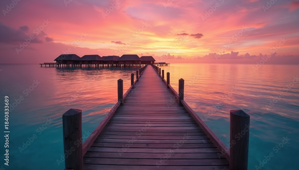 Naklejka premium Wooden pier leads to bungalows over calm ocean water during vibrant pink sunset. Tropical island paradise at dusk with serene sky and gentle sea ripples.