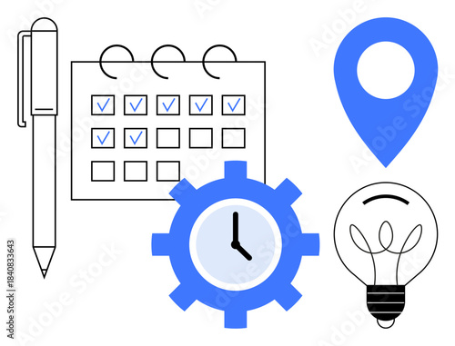 Task management, time tracking, creativity, location planning, workflow optimization, innovation. Calendar with checkmarks, clock in a gear and lightbulb. Task management and time tracking concept