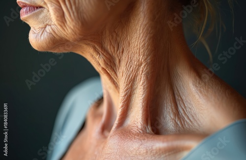 Senior womans neck shows deep wrinkles and dry skin texture, highlighting signs of aging and skin laxity. Close-up view of decolletage area, detailing lines and folds. Focus on natural skin condition.