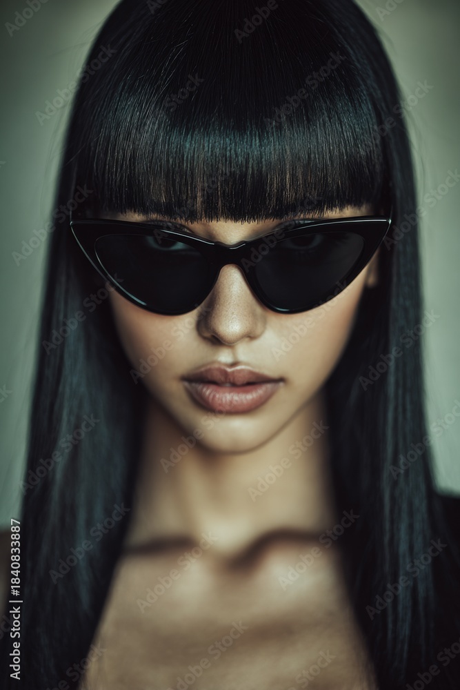 Fototapeta premium Portrait of a woman with long black hair and sunglasses indoors in a simple setting