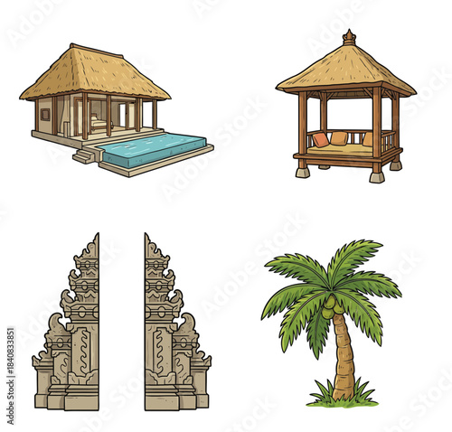 Bali Indonesia travel icons set with traditional architecture and nature vector illustration