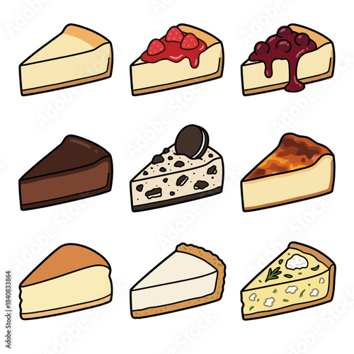 Cheesecake slices vector illustration set with various flavors and toppings