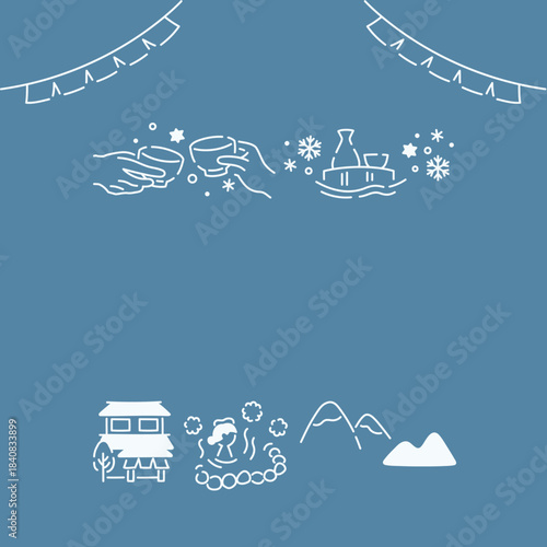 雪見酒を味わう温泉露天風呂アイキャッチ素材／夜に舞い散る雪のカラー