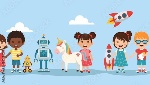 Cheerful Diverse Kids Playing with Imaginative Toys: Robots, Unicorns, and Rockets in a Fun Cartoon Scene, Celebrating Childhood and Creativity