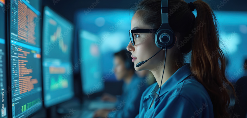 © Viktor - Woman wears headset, looks at computer monitors displaying code. Female customer service agent works in dark control room, colleagues visible in background blur. Analyzing data.