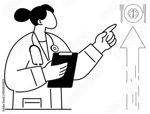 Healthcare, nutrition, brain health, mental wellness, medical advice, cognitive care. A doctor holding a clipboard and pointing at a brain icon on a plate. Focus on nutrition and brain health