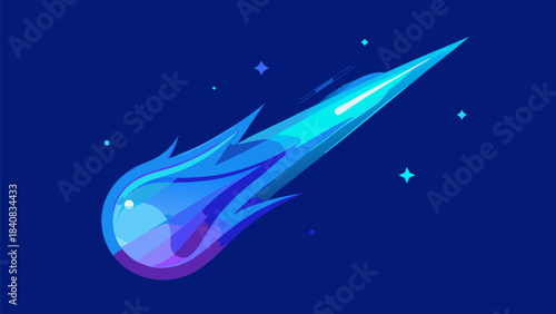 Bright Blue Glowing Comet Streaking Across Cosmic Night Sky with vector illustration
