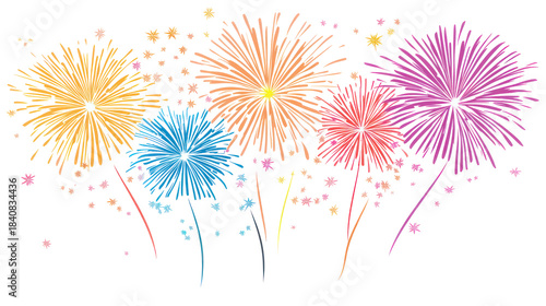 Elegant Happy New Year script with colorful fireworks burst elements, soft glowing highlights, festive spark trails, and a clean white background.