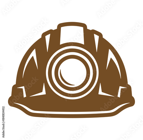 Brown and white construction helmet icon illustrating safety and protection for work.