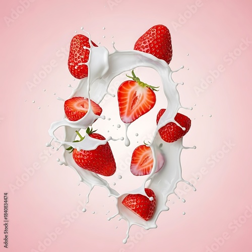Several ripe strawberries splashing into a dynamic swirl of white liquid against a soft background