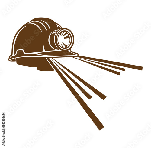 Brown miners helmet icon shining light rays against a clean white background
