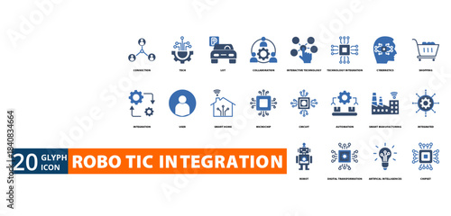 robotic integration icon set with  Connection ,  Tech, lot,  Collaboration,  Interactive technology, Technology integration,  Cybernetics,  Shopping,  Integration, user , Smart home,  Microchip

