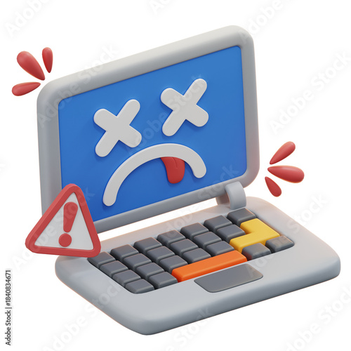 3D Dead Laptop Error Screen Icon System Failure Warning Symbol