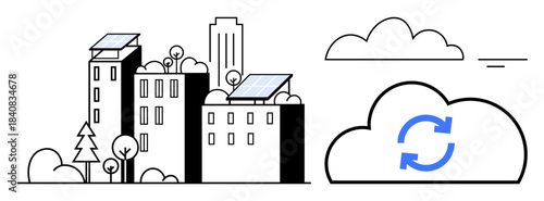 Smart city concept. Smart city design with buildings solar panels and cloud technology. Smart city innovation improving sustainability and technology integration. For eco-tech, renewables, cloud