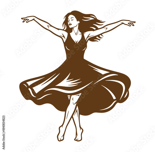 Elegant silhouette of a woman dancing gracefully in a flowing dress with arms extended