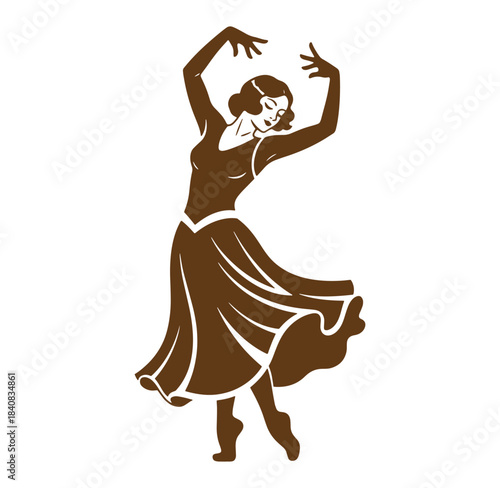 Elegant silhouette of a woman dancing in a flowing dress isolated on white background