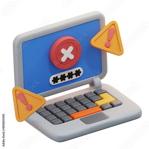 Картината върху платно Incorrect Password Login Error on Laptop Screen 3D Security Warning Icon