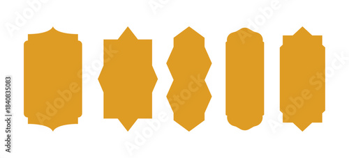Set of Five Ornamental Golden Frames and Labels | Elegant Islamic Star Shape Borders, Moroccan Arabesque Design Vector Silhouettes, Decorative Tags