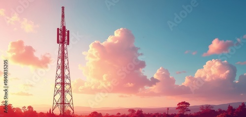 Cellular tower on hill against colorful sky clouds. Communication mast transmits wireless signal. Landscape view with mobile network infrastructure. Telecommunication broadcasting concept. High speed