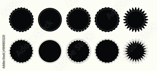 Vector Set of Black Circular Badges and Seals with Serrated, Scalloped, and Starburst Edges for Labels, Stickers, and Vintage Design