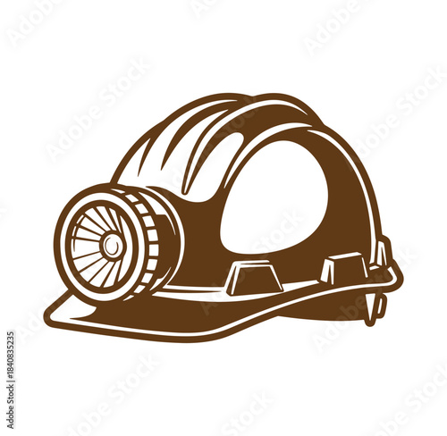 Vector illustration of a brown vintage miner's helmet with a powerful electric lamp