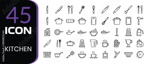Hand drawn kitchen utensils and cooking tools icon set in black and white