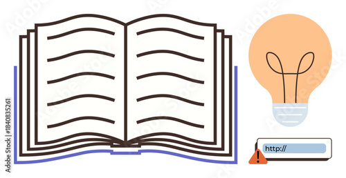 Open book symbolizing knowledge, light bulb representing ideas, and web link with warning signaling online caution. Ideal for education, creativity, innovation, research, caution, learning simple