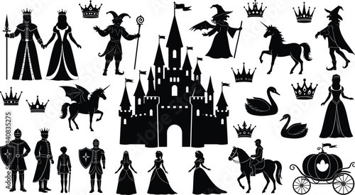Medieval Fairy Tale and Fantasy Kingdom Silhouette Vector Collection: Castle, King, Queen, Princess, Knight, Jester, Unicorn, and Royal Crowns for Childhood and Mythical Story Design.