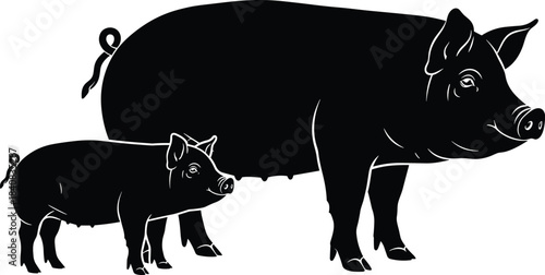 Mother Pig and Piglet Silhouette Vector Illustration, Sow and Hog with Baby Animal Graphic, Farm and Livestock Concept, Black and White Icon for Butcher Shop, Veterinary, and Agriculture Logos.