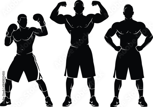 Muscular male bodybuilder black silhouette vector illustration set, boxing and athletic poses, strong physique fitness model, intense sport training, power, strength, and health concept.