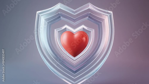 A vibrant red heart is protected by multiple layers of a translucent, shimmering shield, symbolizing health and security.