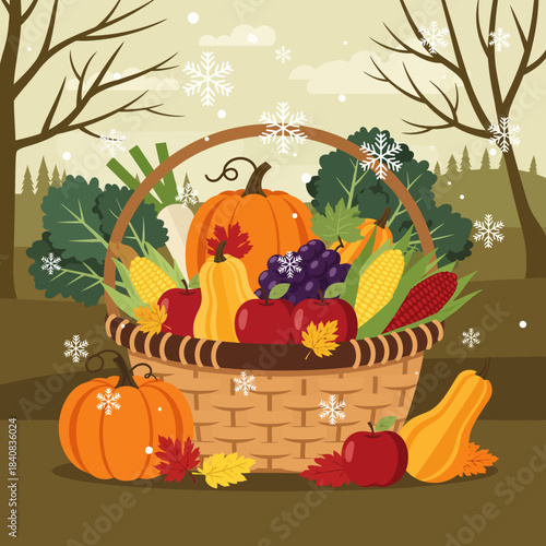 Cute flat vector illustration of a fall harvest basket with pumpkins and corn amidst snowflakes
