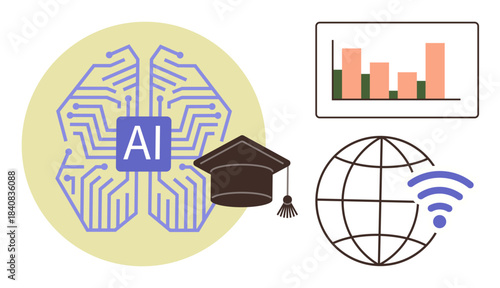 AI brain circuit, graduation cap, chart, globe, and wireless communication. Ideal for technology, learning, innovation global reach data analysis online education futuristic methods. Simple flat