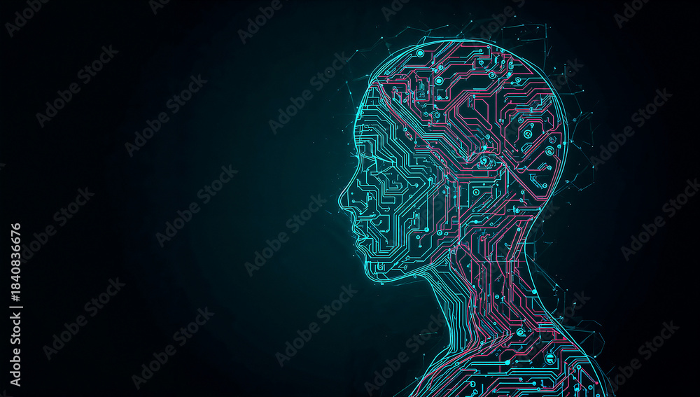 Obraz premium Neon cybernetic female side profile on futuristic grid