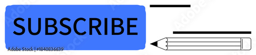 Social media engagement, call to action, content creation, online subscriptions, digital marketing, communication design. Blue subscribe button and pencil icon. Social media engagement and content