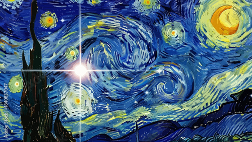 The Starry Night Inspired Painting with Swirling Clouds and a Shining Star