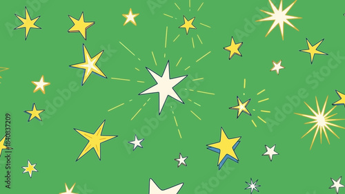 Whimsical star pattern on green background for festive and celestial designs
