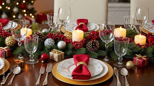 Christmas table setting with red and gold cutlery and Christmas decorations