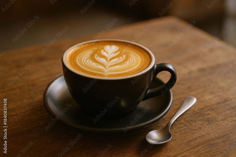 Obraz premium Artistic Latte Design in Black Ceramic Cup on Wooden Table, Silver Spoon, Top View