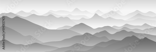 Vector minimalistic illustration of mountains, black and white landscape, ridge gradients in the morning haze, panoramic view