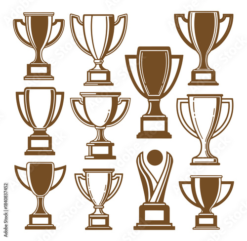Collection of vector trophy illustrations in brown tones for achievements and award recognition