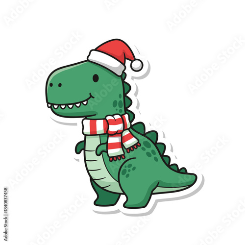Cute Christmas Dinosaur Sticker Design.