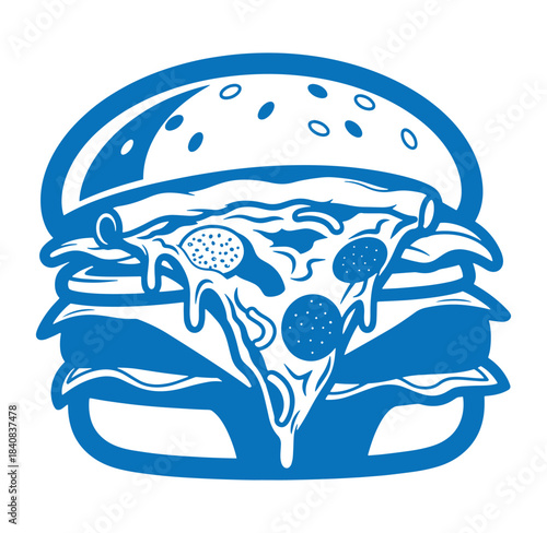 Delicious blue illustration of a pizza burger with cheese and pepperoni on white background