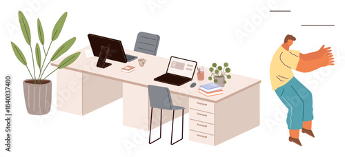 Two office desks with laptops, plants, and stationery, alongside a person tackling oversized hands symbolizing overwhelming work. Ideal for productivity, teamwork, challenges, remote work, balance