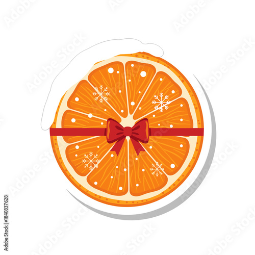 Festive Orange Slice with Red Ribbon and Snowflakes.