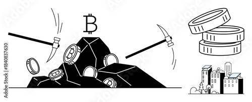 Cryptocurrency, blockchain, finances, investment, digital economy, technology. Bitcoin mining with pickaxes hitting rocks, coins and cityscape. Cryptocurrency and blockchain conceptualization