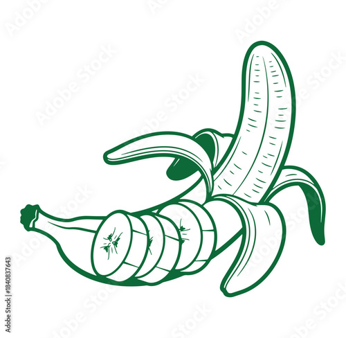 Green line art illustration of a peeled banana with sliced pieces on white background