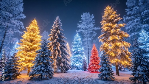 Christmas trees in winter forest at night. Beautiful winter landscape with Christmas trees.